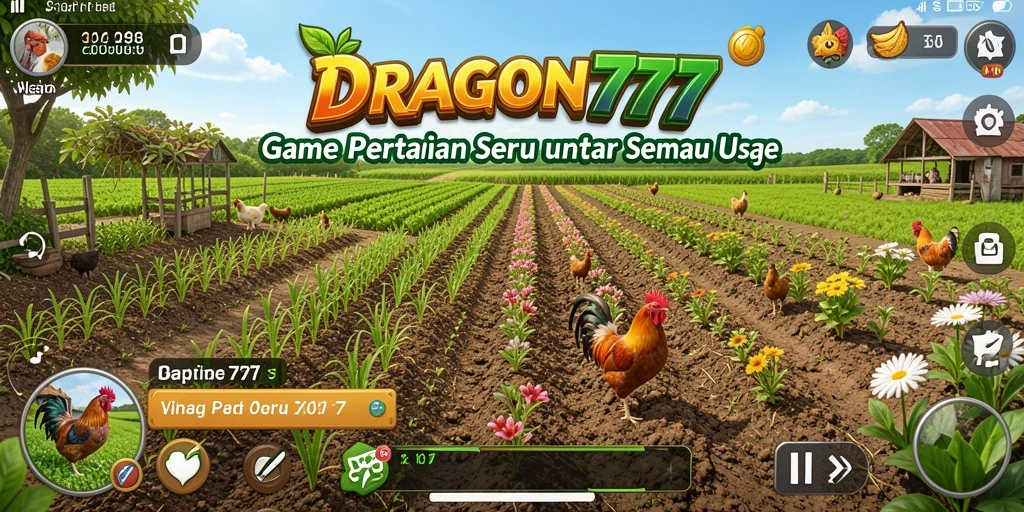 Tampilan utama gameplay DRAGON777 dengan lahan pertanian yang subur dan aktivitas seru.