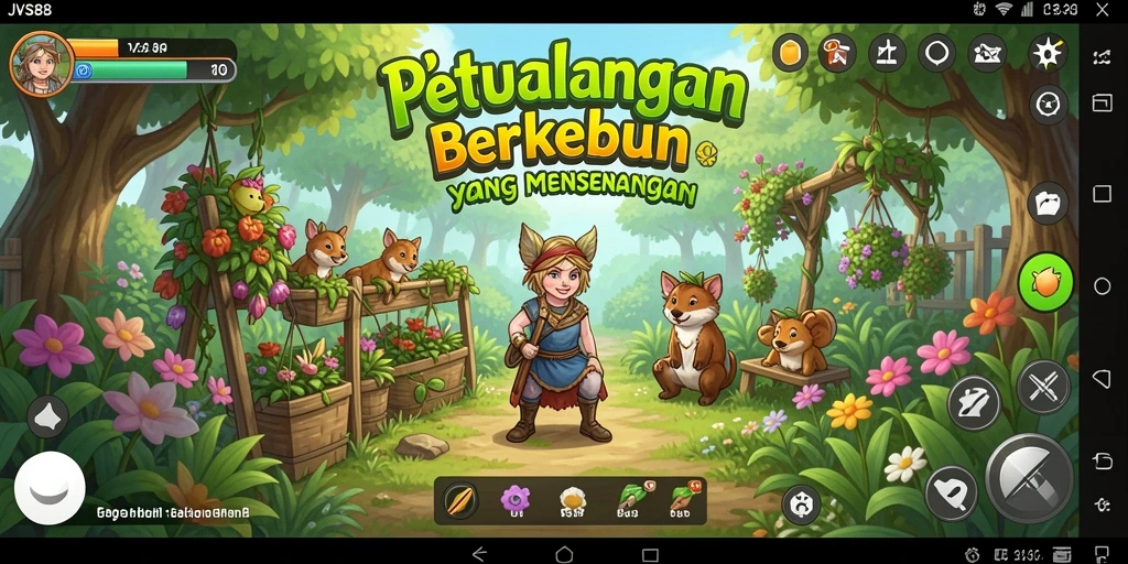 Screenshot gameplay JVS88 menampilkan kebun yang subur dan hewan ternak yang bahagia.