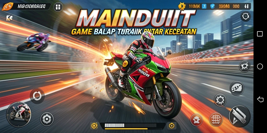 Screenshot gameplay MAINDUIT yang menampilkan aksi balap motor yang seru.