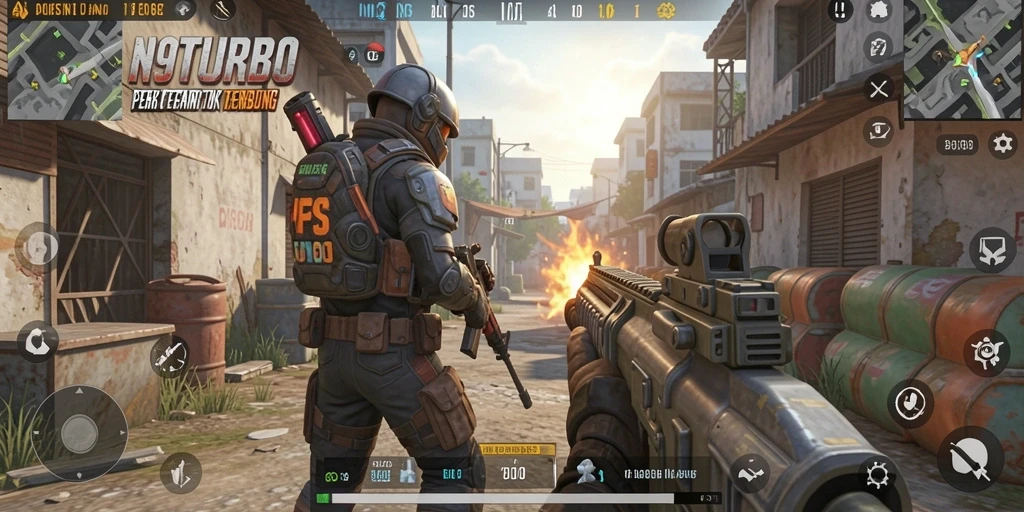 Gameplay N9TURBO dengan aksi tembak-menembak yang mendebarkan.