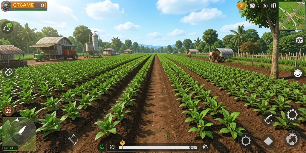 Tangkapan layar gameplay QTGAME menampilkan aktivitas bertani yang menarik.