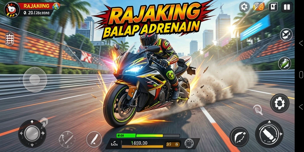 Tampilan gameplay seru di RAJAKING dengan balapan motor yang mendebarkan.