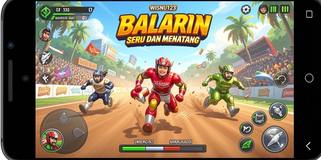 Gameplay WISNU123 yang penuh aksi di arena balapan.